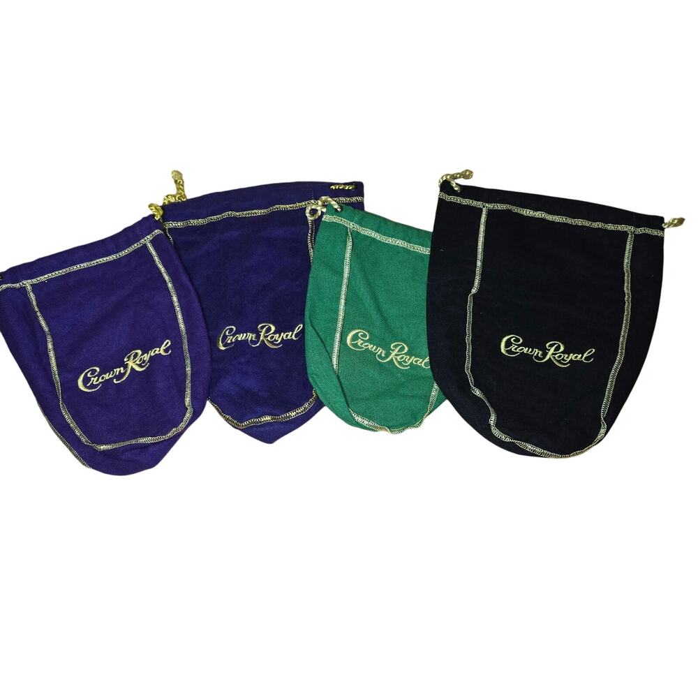 Lot of 4 Crown Royal Bags, 2 Sizes Purple, One Green, One Black, All Excellent